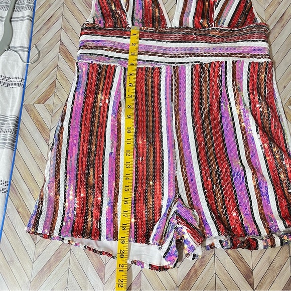 PRETTY LITTLE THING Multi Stripe Sequin Halterneck‎ Romper Sz 12 Baddie Party - Picture 7 of 10